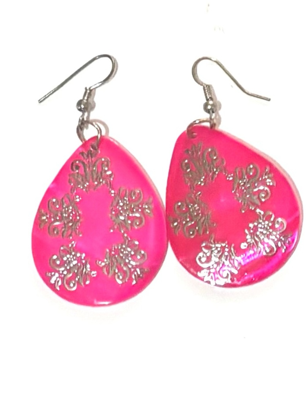 Pink shells Teardrop Dangle Earrings with Silver Filigree - Women Jewelry